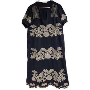 MAR Brazil Navy 100% Linen Embroidered Midi Shift Dress L Boho Mediterranean